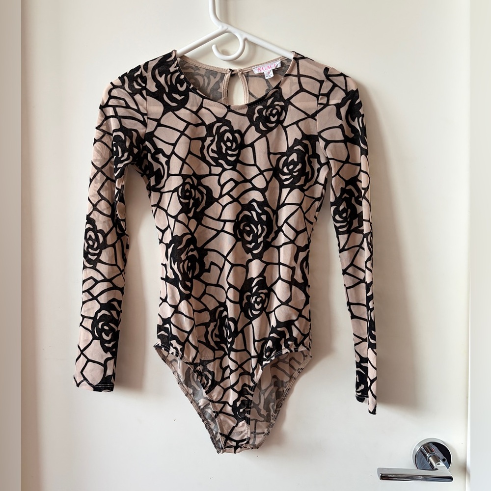 a'gaci Black velvet Rose Pattern sheer nude women’s Bodysuit